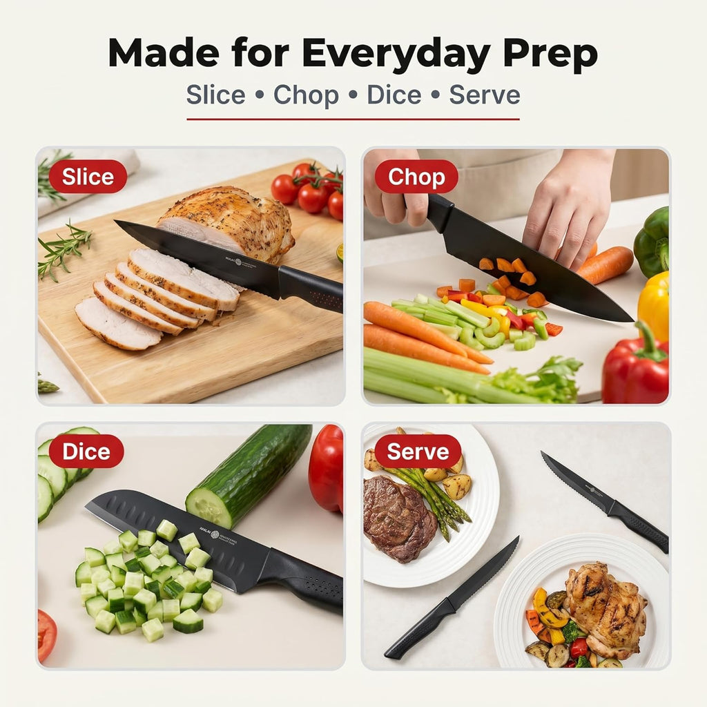 Knife Set, 15-Piece Kitchen Knife Set with Block and Built-in Sharpener, Dishwasher Safe, Non-slip Handle, 6 Steak