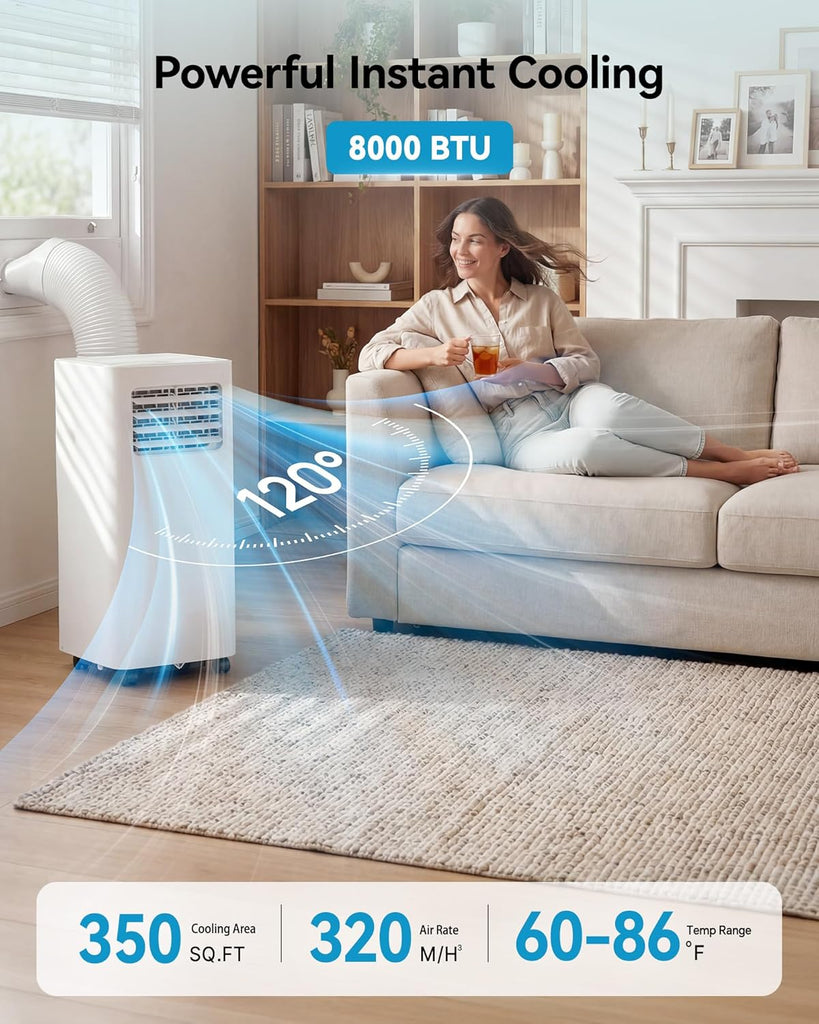 8000 BTU Portable Air Conditioner, 3-in-1 Cools 350 Sq.Ft, Quiet AC with Fan & Dehumidifier, LED Display, Remote