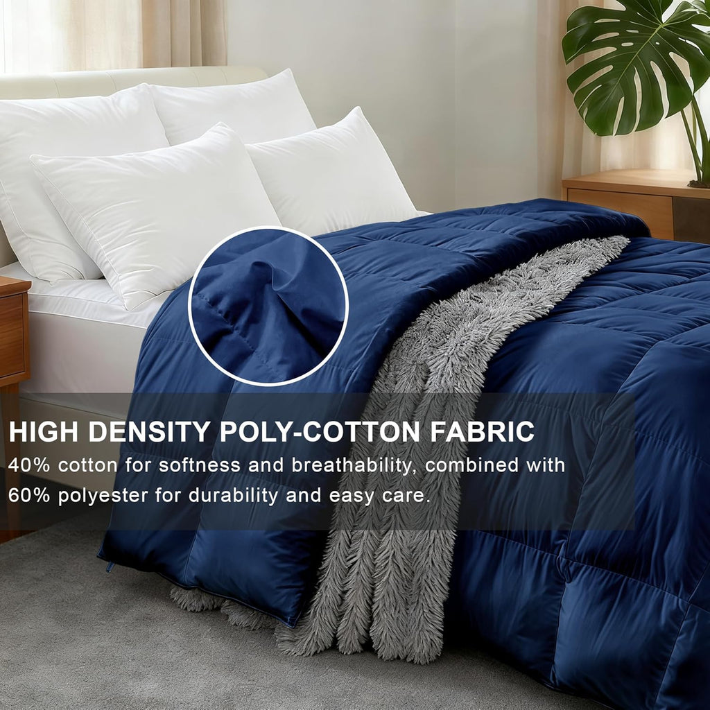 Luxury Goose Feather Down Fiber Comforter Queen, 300TC Blue Cotton Blended Duvet Insert
