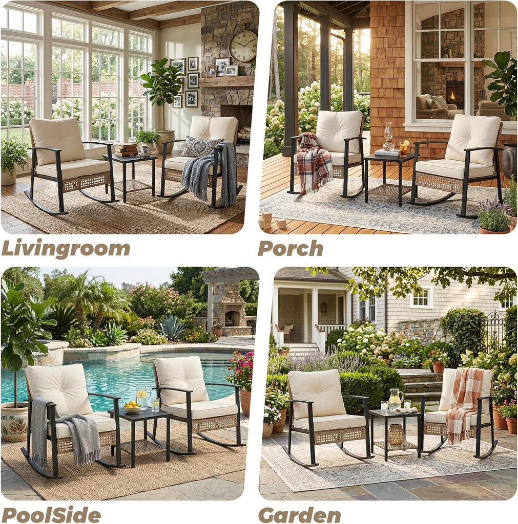 Outdoor Rocking Chairs Set of 2, 3-Piece Bistro Patio Furniture Set with Thick Cushions, Wicker Rocking Chair &