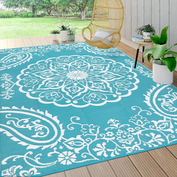 Outdoor Rug 9x12, Waterproof Plastic Straw Camping Rug, Boho Teal