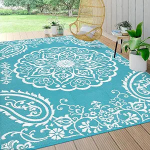 Outdoor Rug 9x12, Waterproof Plastic Straw Camping Rug, Boho Teal