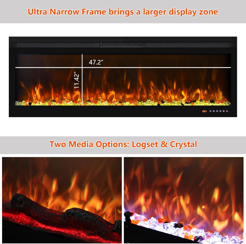 50 Inch Smart Electric Fireplace Insert with Heater, Recessed or Wall Mounted, Remote and App Control, 9H Timer