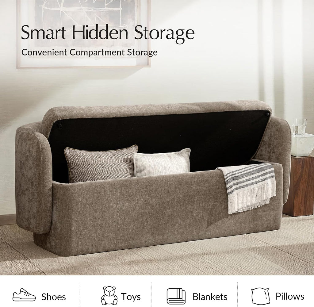 61" Bedroom Storage Bench with Low Backrest, Saddle | Upholstered Chenille End of Bed Bench, Large Storage Ottoman