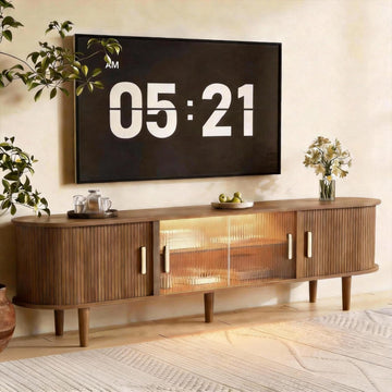 70" Fluted TV Stand with LED Lights for TVs up to 75 Inch, Mid Century Modern Entertainment Center with Sliding Doors