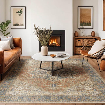 9x12 Terracotta Rust Earth Tone Vintage Boho Oriental Washable Area Rug