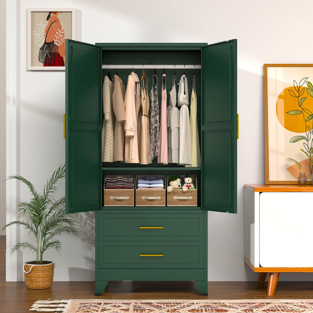 71" Wardrobe Cabinet with 2 Doors, 1 Adjustable Shelf and 2 Drawers | Metal Clothing Storage Cabinets with Hanging