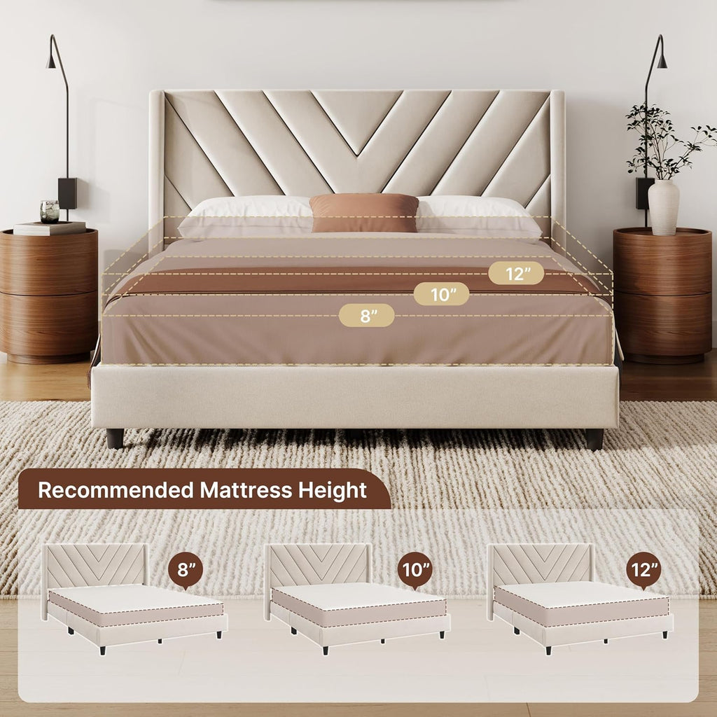 Queen Bed Frame Upholstered Platform Bed with Wing Side/Wooden Slat Support/Tufted Headboard with Wing Side/Mattress