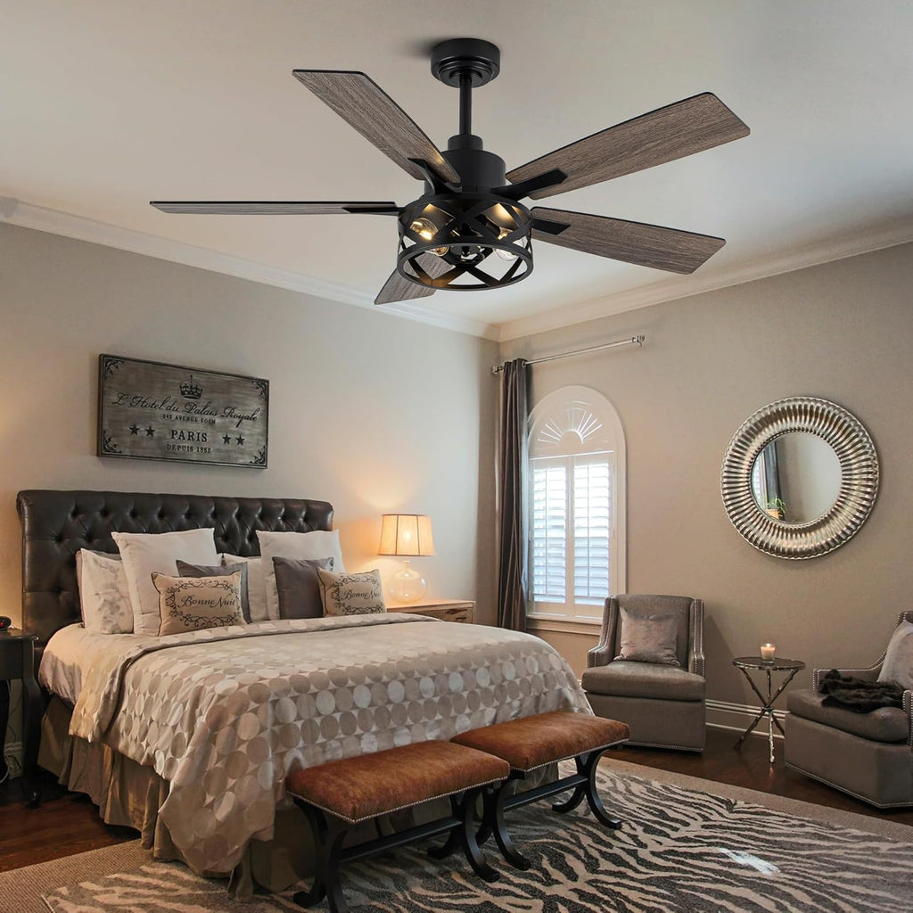 52" Farmhouse Ceiling Fan with Lights and Remote,Ceiling Fan with Caged Rustic Light Fixture,Reversible DC Motor