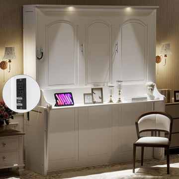 Queen Murphy Bed with Desk, Foldable Wall Bed Cabinet with LED Lights and USB Ports, Space-Saving Murphy Bed Frame