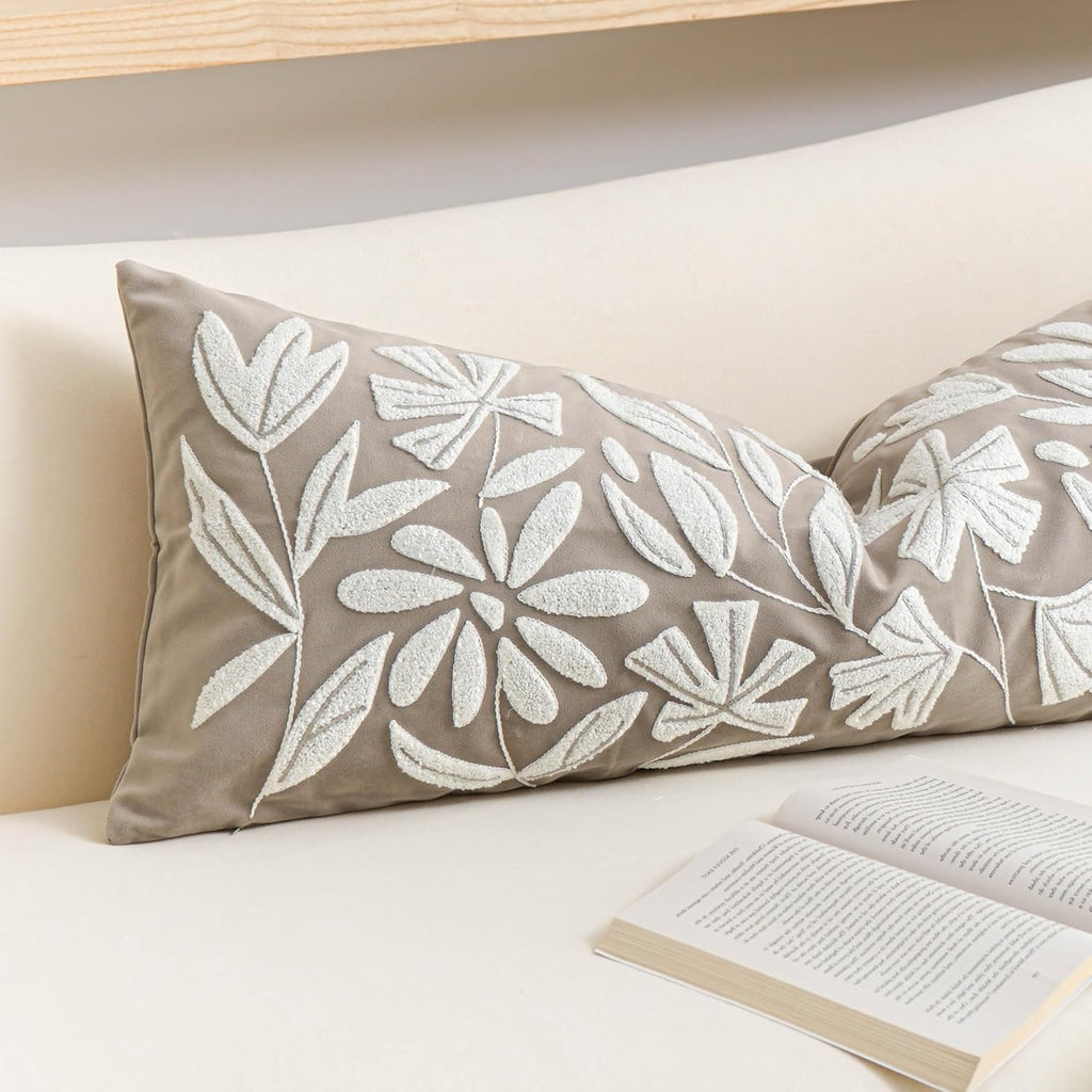 14x36 Lumbar Pillow Cover, Taupe Rectangular Long Throw Pillowcase, Embroidered Velvet Floral Tufted Farmhouse Accent