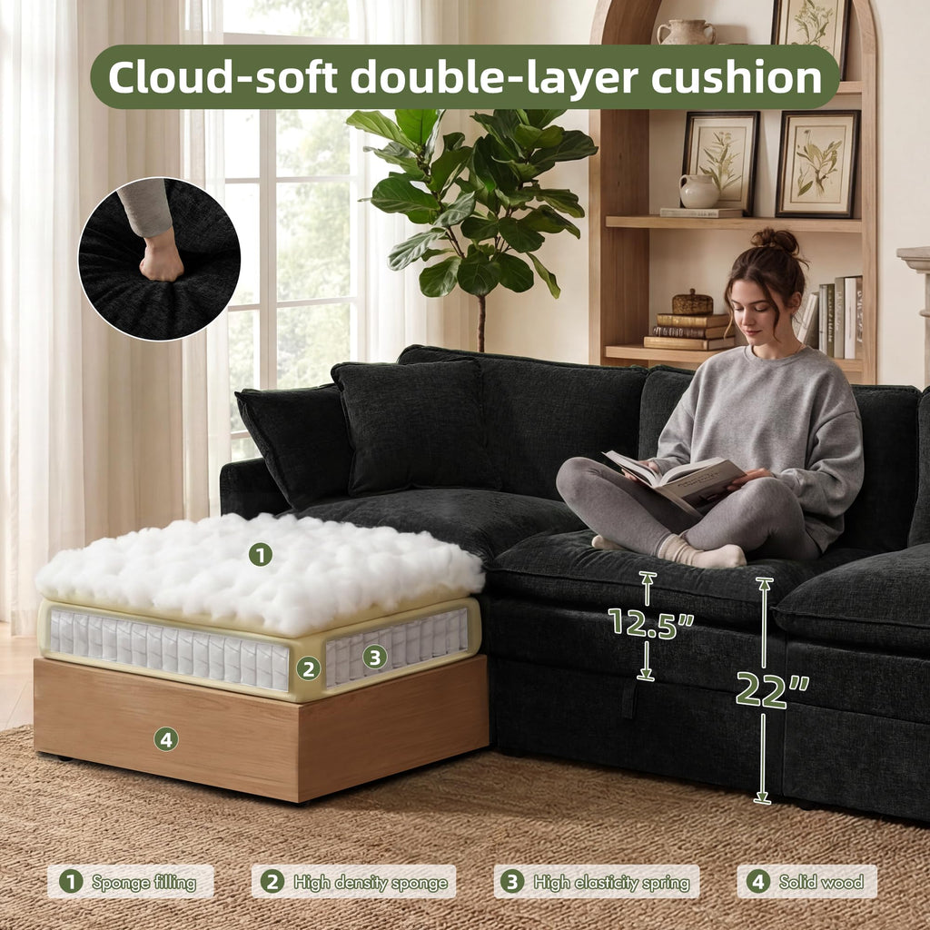 Modular Sectional Sofa Bed with Storage Ottomans, 103" Cloud Couch, 6-Seater Comfy Modern Couches with Pillows &