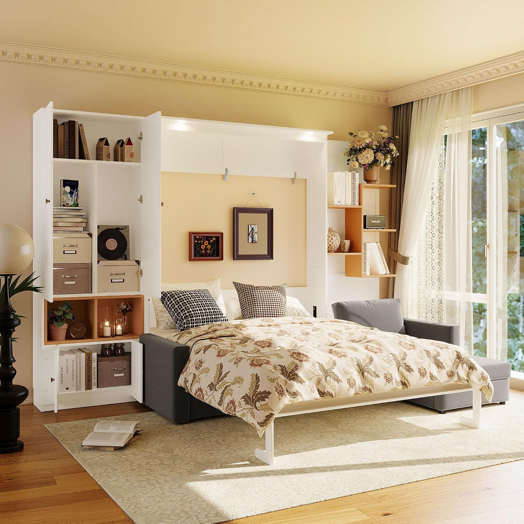 Queen Murphy Bed with Large Sofa, Storage Shelves & Cabinets, Modern Space-Saving Wall Bed with Dual Lights, White+Gray