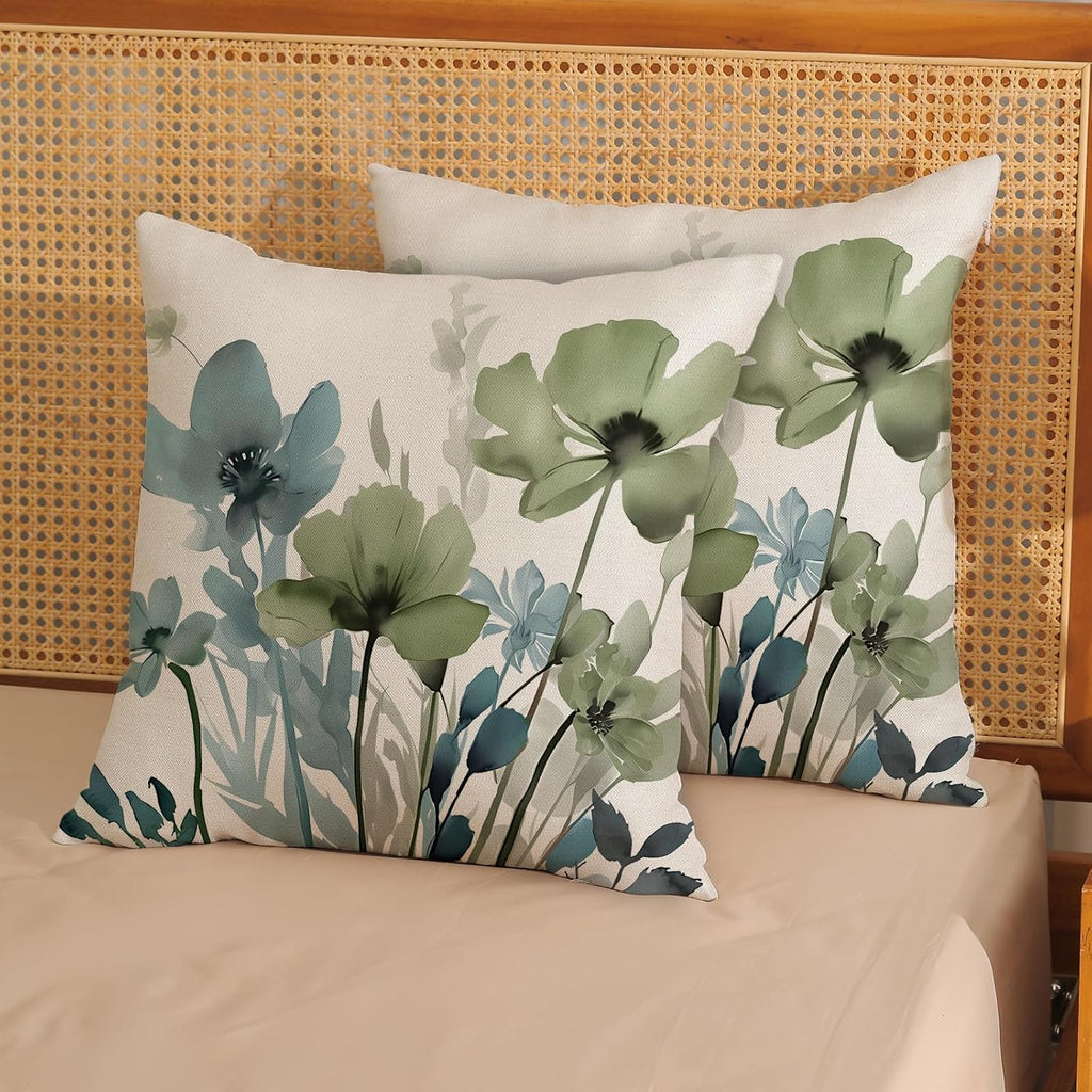 Spring Floral Pillow Covers 18x18 Inches Set of 2 Sage Green Blue Floral Throw Pillow Covers Outdoor Rustic Summer