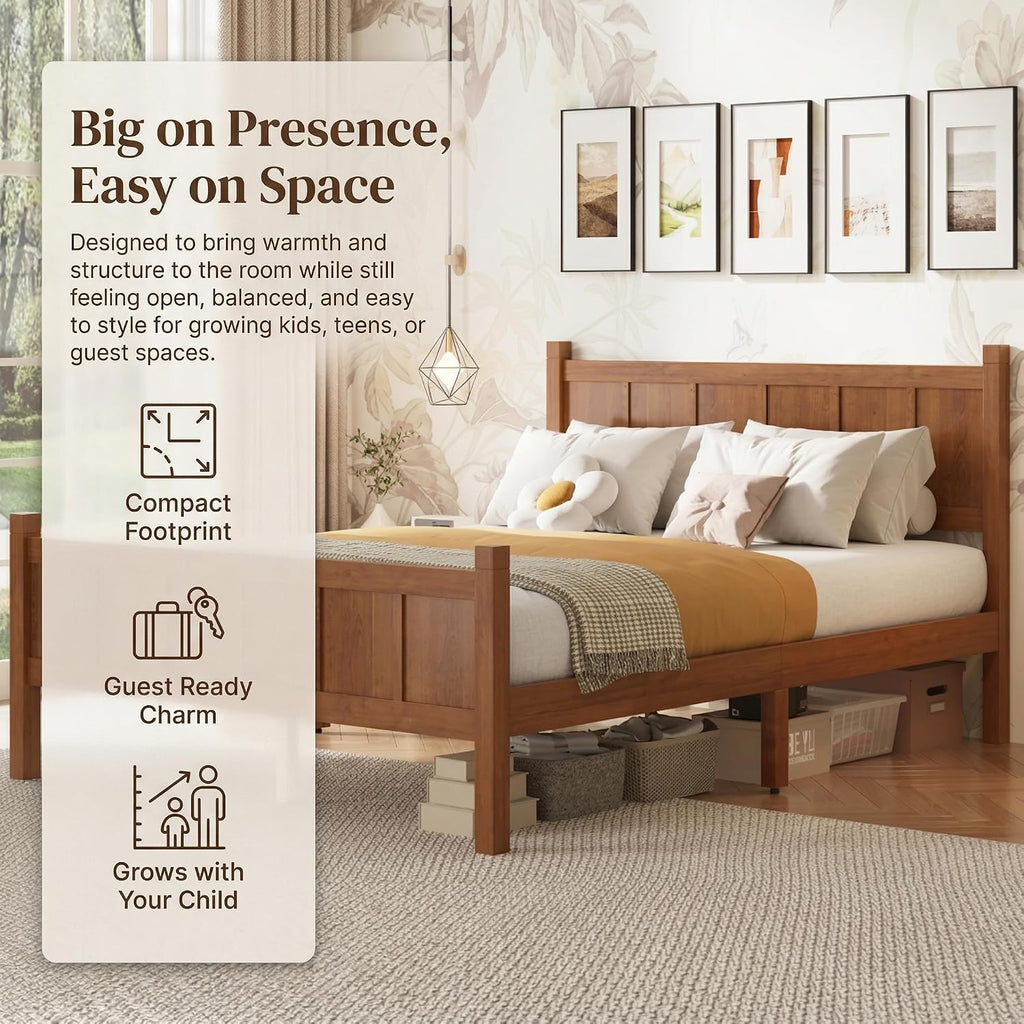 Twin Platform Bed Frame with Headboard & Footboard, Modern Farmhouse Wood Grain Flat Panel Bed for Kids, Teens, Small