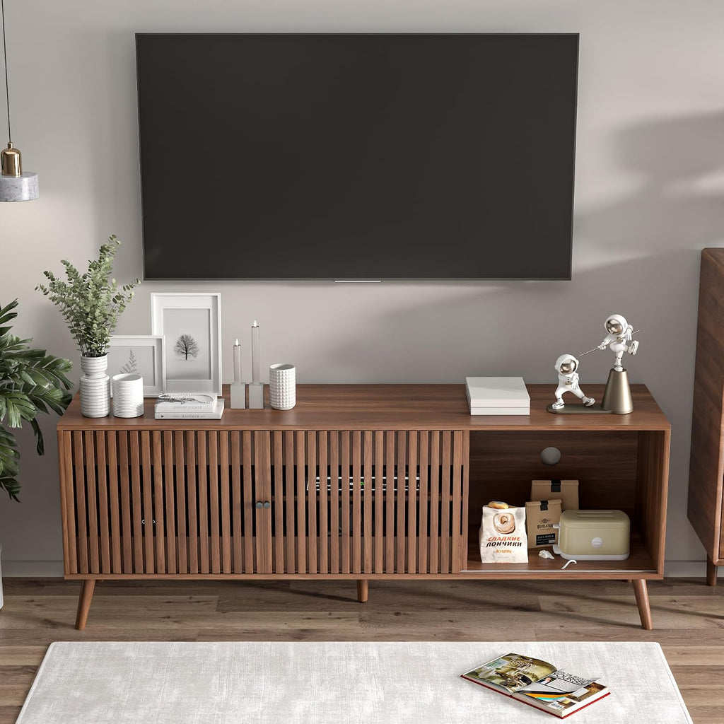 Mid Century Modern TV Stand for Televisions up to 70 Inches, with Sliding Doors and Storage, Television Stands, TV
