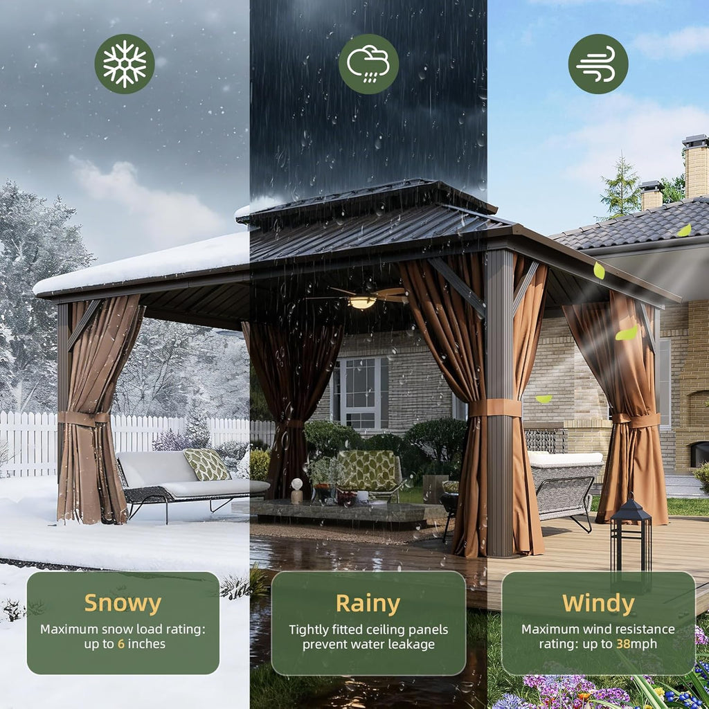 12'x16' Hardtop Gazebo, Permanent Metal Pavilion with Galvanized Steel Double Roof