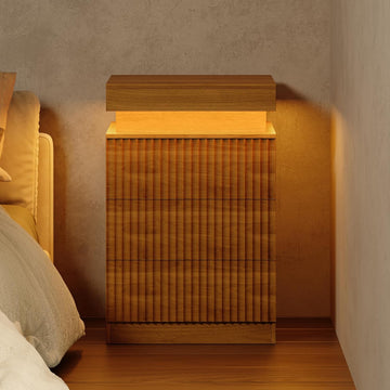 Fluted Nightstand with Charging Station and LED Light, Bedside Table with Sliding Top, USB Ports and AC Outlets, 3