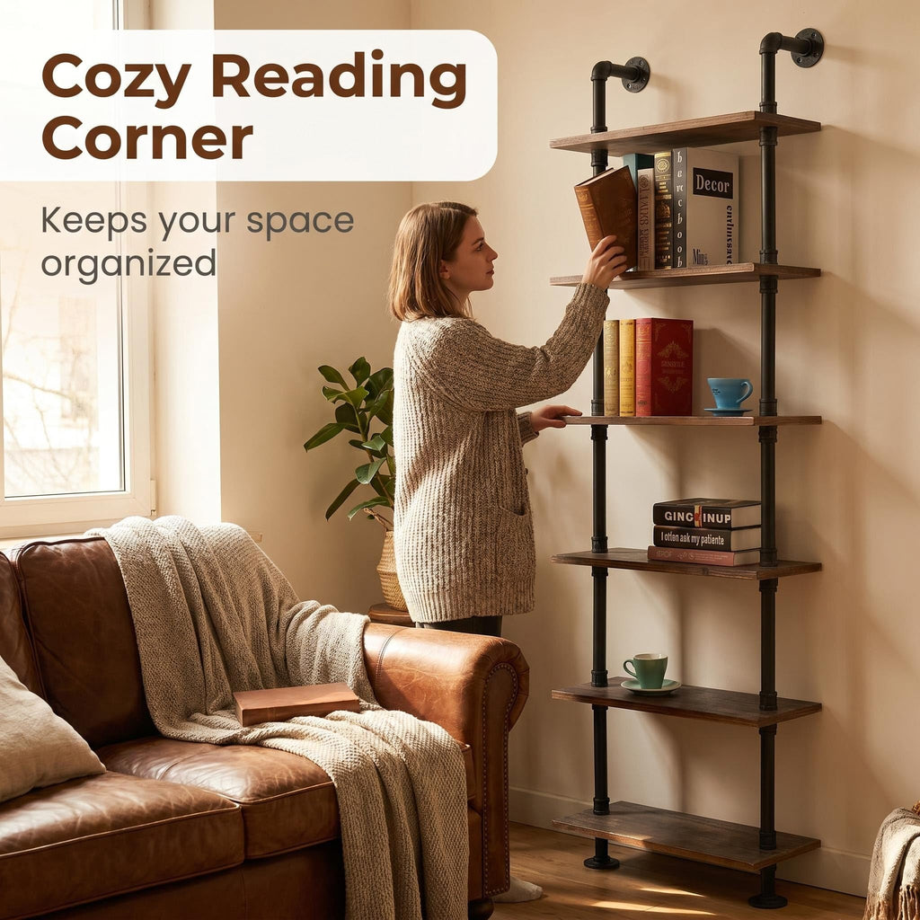 Industrial Pipe Shelves Rustic Modern 24"W Wood Ladder Bookcase with Metal Frame, Pipe Wall Shelf, Wood Storage, Home