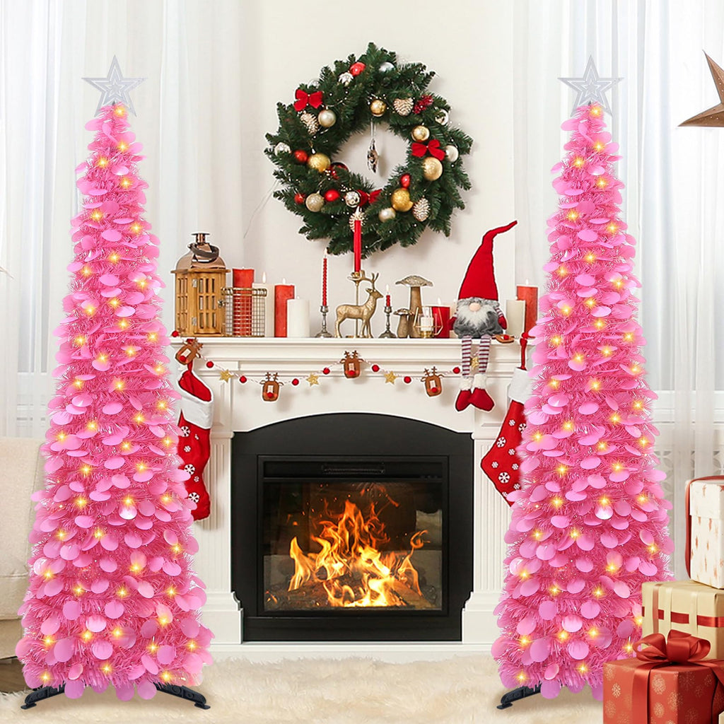 5 FT Pop Up with Timer Lights, Hot Pink Christmas Tinsel Tree, Collapsible Artificial Pencil for Indoor Home