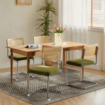Rattan Dining Chairs Set of 4,Upholstered Mid-Century Modern Dining Room Chairs with Cane Backrest,Retro Velvet