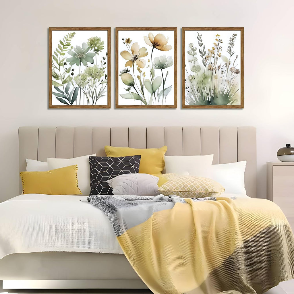 Wood Framed Sage Green Botanical Wall Art Set of 3, Boho Floral Canvas Wall Decor Paintings, Minimalist Flower