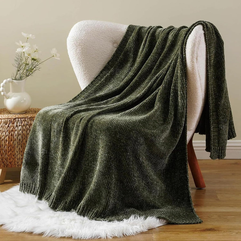 Olive Green Chenille Throw Blanket, Cozy Knit Throw Blanket, Super Soft Warm Green Blankets Chenille Blankets, 51"x67"