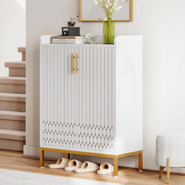 5-Tier Shoe Cabinet with Carved Lines Doors, Large Wooden Shoe Storage Cabinet with Adjustable Shelves, Modern
