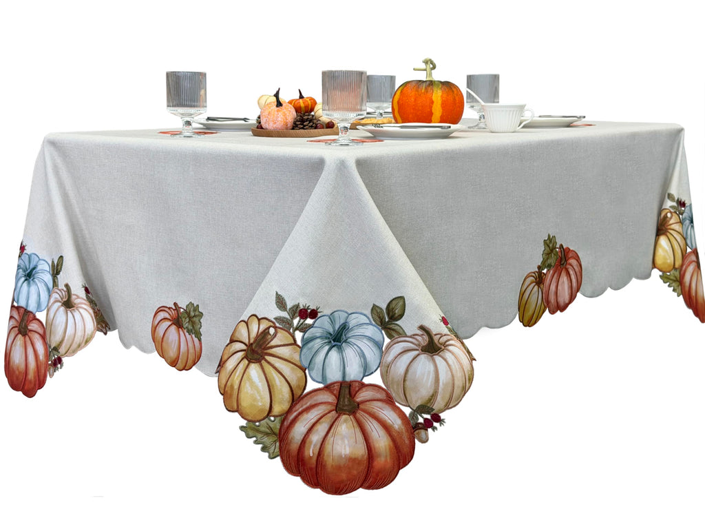 Fall Tablecloth 60x84 Inch, Autumn Pumpkin Cutwork Embroidered Tablecloth, Harvest Thanksgiving Table Decor Dining
