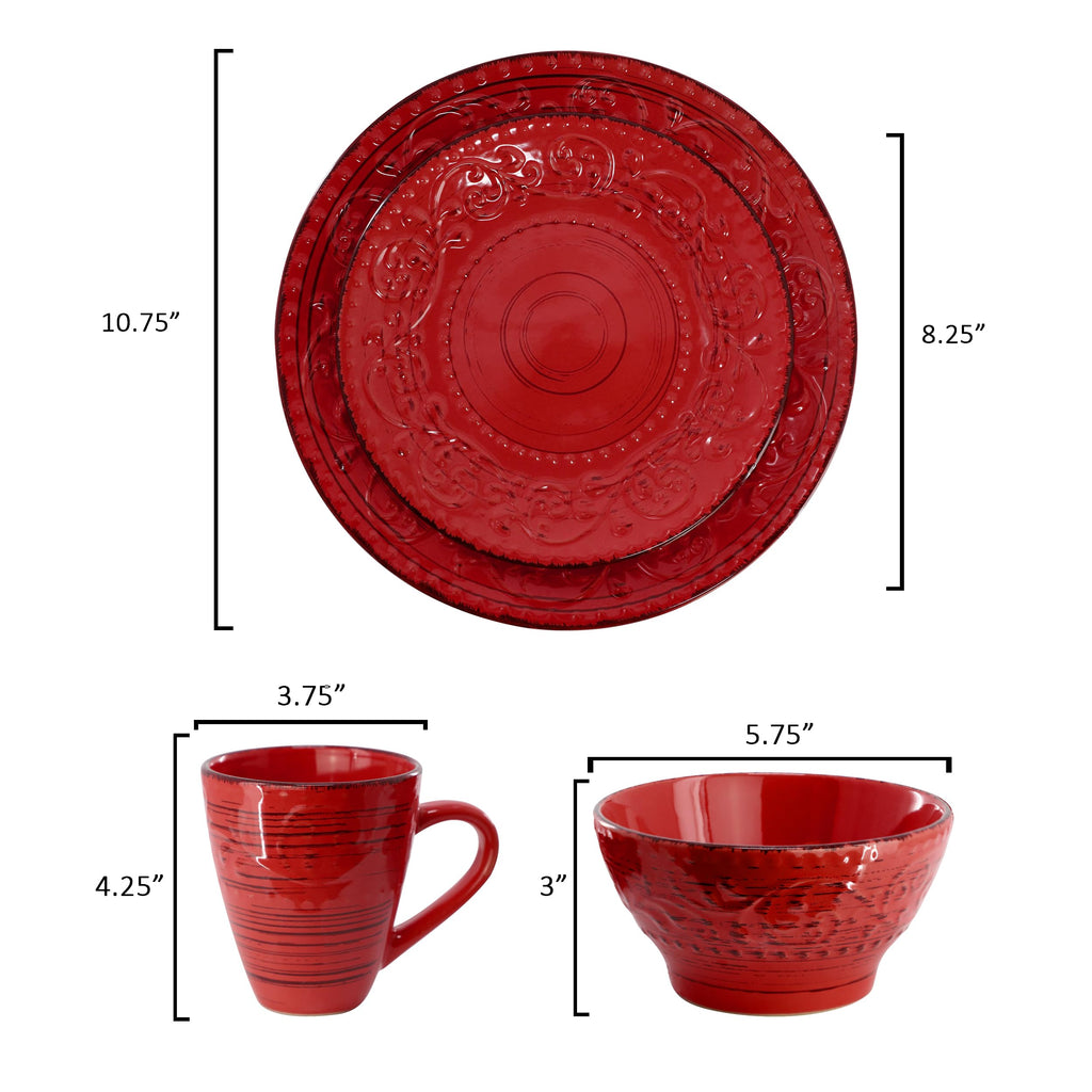 Malibu Ocean Bloom 16-Piece Stoneware Embossed Pattern Reactive Glaze Red Dinnerware Set, Tableware, Serveware Set