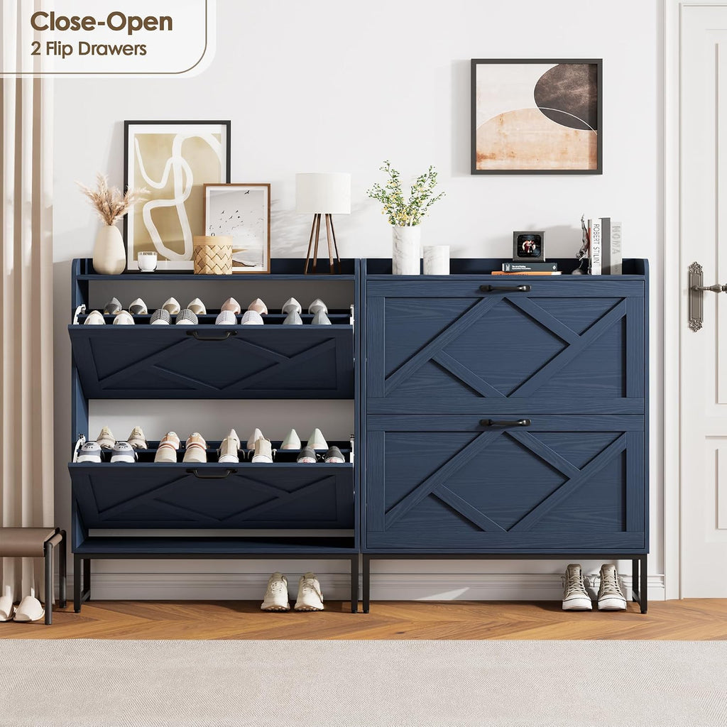 Shoe Storage Cabinet, Shoe Cabinet with 2 Flip Drawers, Narrow Shoe Rack Cabinet, Farmhouse Slim Shoe Cabinet Storage