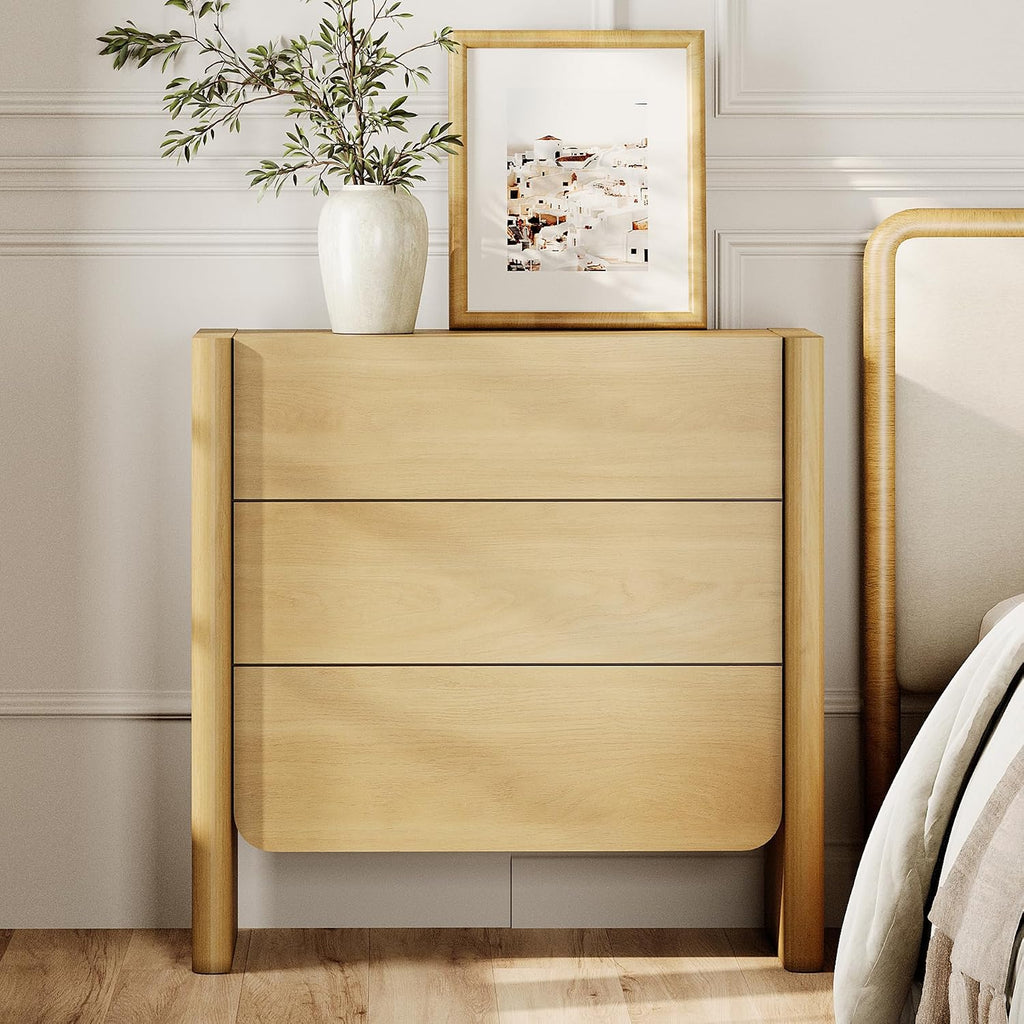 Night Stand with 3 Drawers, Wood Nightstand, Modern Bedside Table with Storage, Side Table & End Table , Rounded Wood