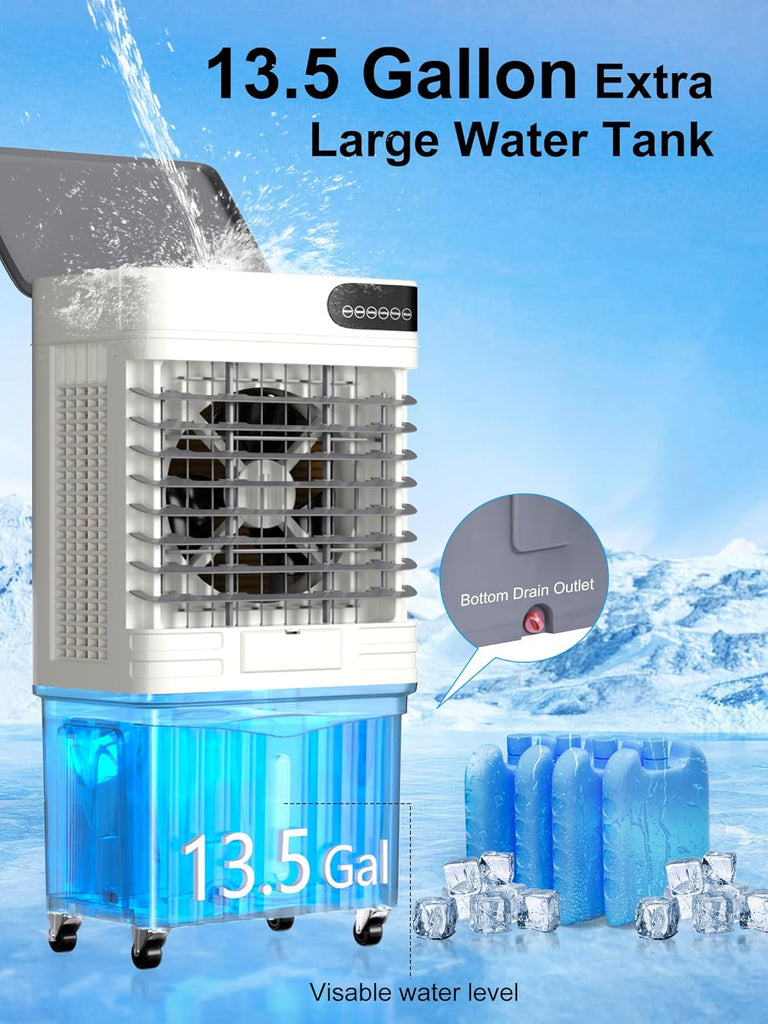 Swamp Cooler, 42 Inch Evaporative Air Cooler with 13.5 Gal Large Water Tank, 3600 CFM, 120° Oscillation