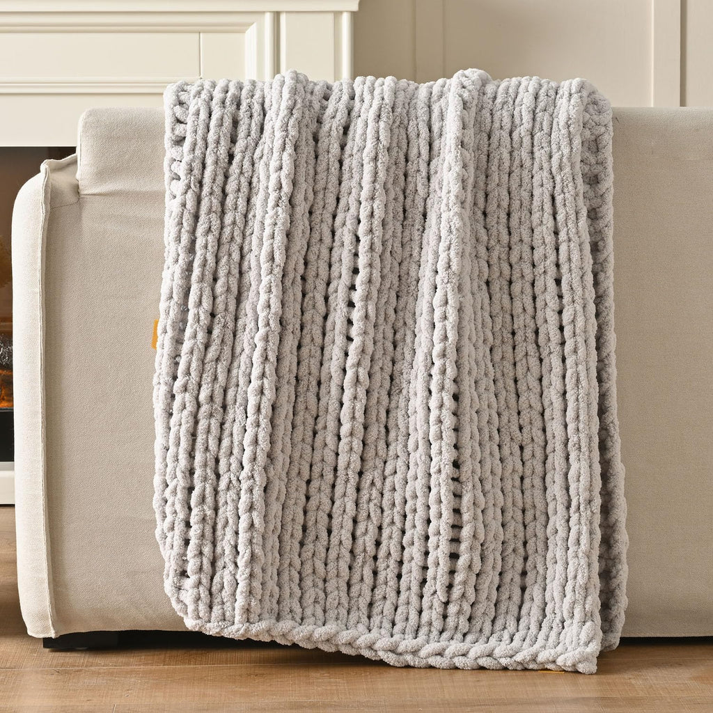 Chunky Knit Blanket Throw 50"x60", 100% Hand Knitted Chenille Throw Blanket, Cozy Soft Thick Cable Knit Throw Large