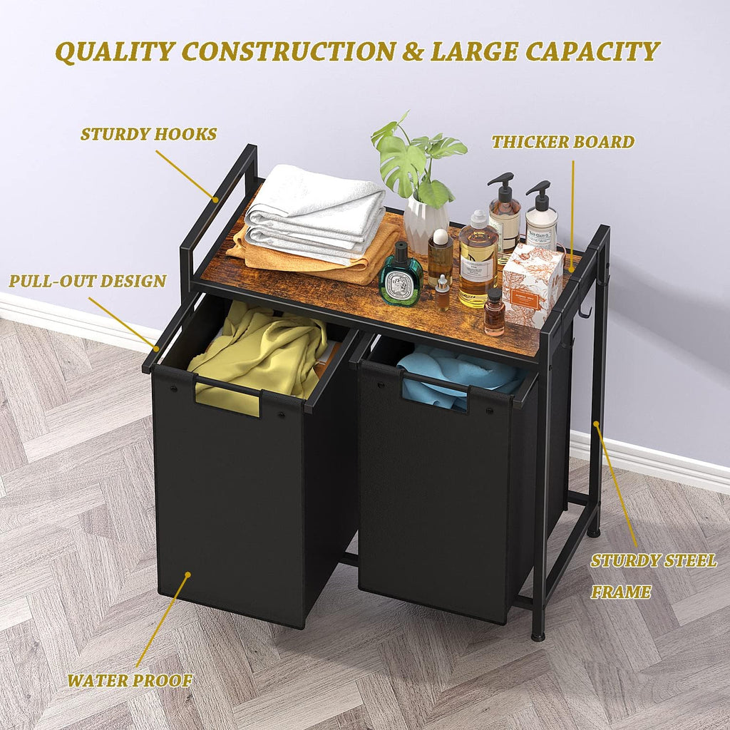 Double Laundry Hamper, Large Portable Laundry Basket, Laundry Sorter with Top Shelf and 2 Bag with Handle for Folding