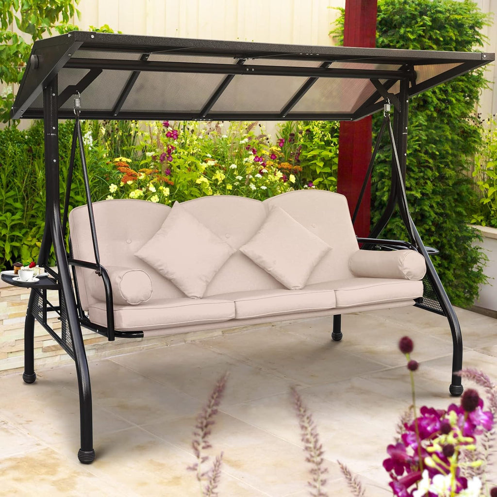 Hardtop Patio Porch Swing with Convertible Backrest & Side Tables | UV protection hardtop, Convertible Backrest, 2