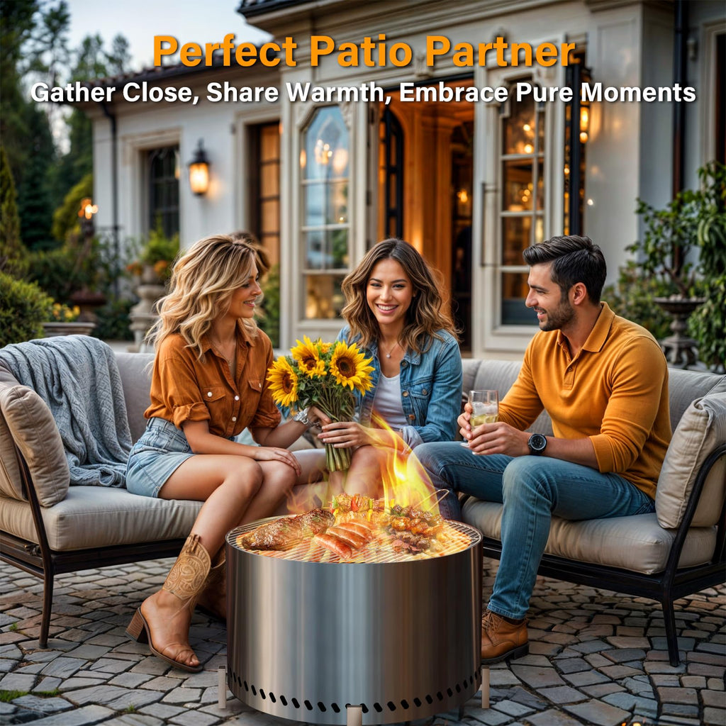 28" Smokeless Fire Pit with Stand & Grill Rack, Large Stainless Steel Wood Burning Firepit with Secondary Combustion