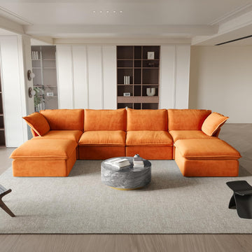U-Shaped Couches for Living Room, Convertible Sectional Sofa, Modern Deep Seat Soft Cloud Couch, Modular Sectional Sofas with Two Ottomans for Living Room, Apartment (Orange)