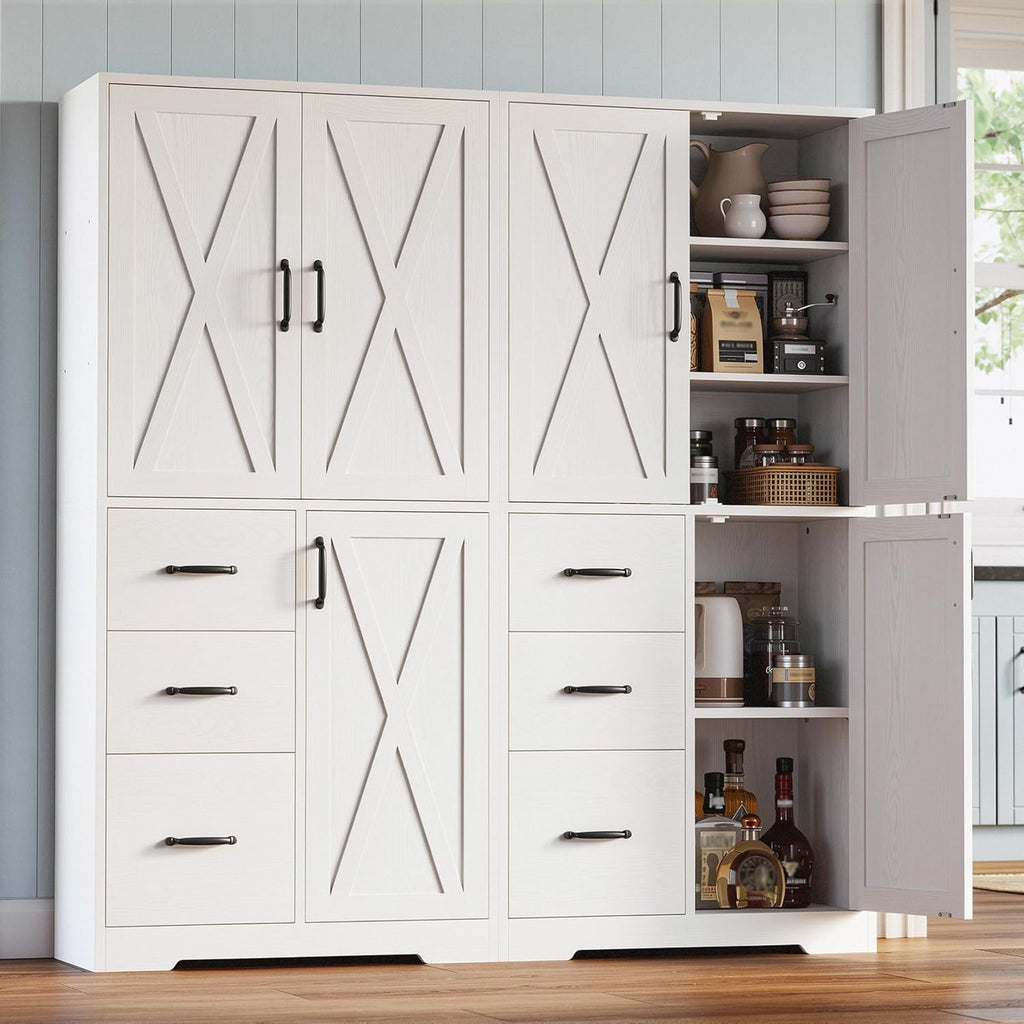 Pantry Cabinet, Kitchen Storage Cabinet with 3 Door & Drawer, White | Adjustable Shelf. 67.5inch Tall. 5 Tier