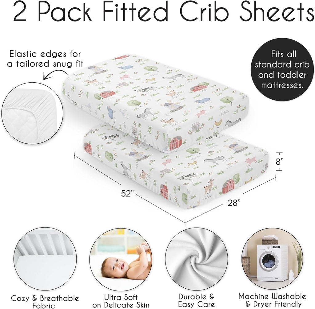 2-Piece Baby Crib Sheets Set (Farm Animals) for Boys or Girls, Infant Nursery, Toddler Room - Standard Size (Neutral