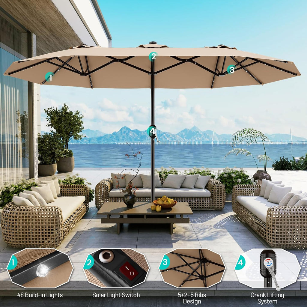 15FT Patio Umbrella with Solar Lights, Double Sided Outdoor Table Umbrellas with Crank
