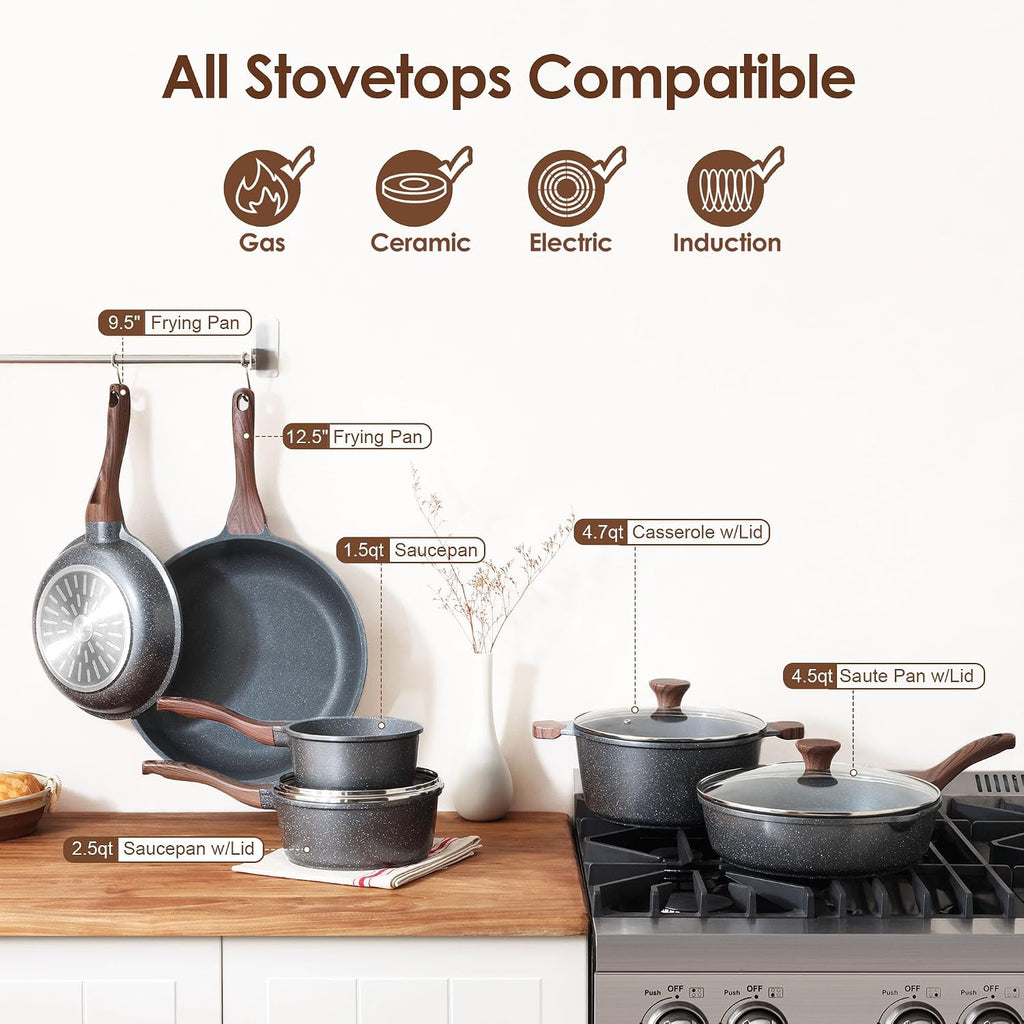 16Pcs Pots and Pans Set Non Stick, Granite Cookware Set PFOA Free | Induction Compatible, Even & Fast Heating, Easy