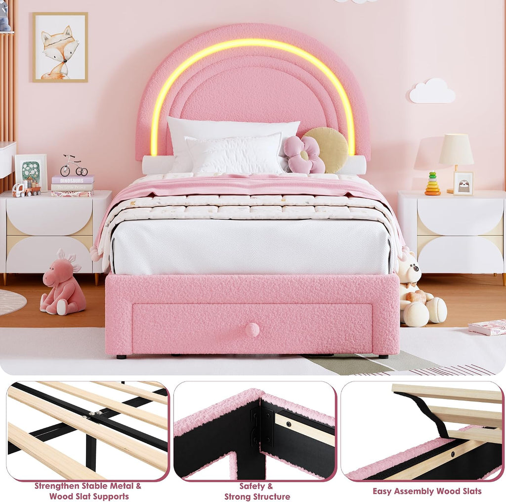 Twin Upholstered LED Bed Frame - with Storage Drawer and Rainbow Headboard, Berber Fleece Princess Platform Bed for