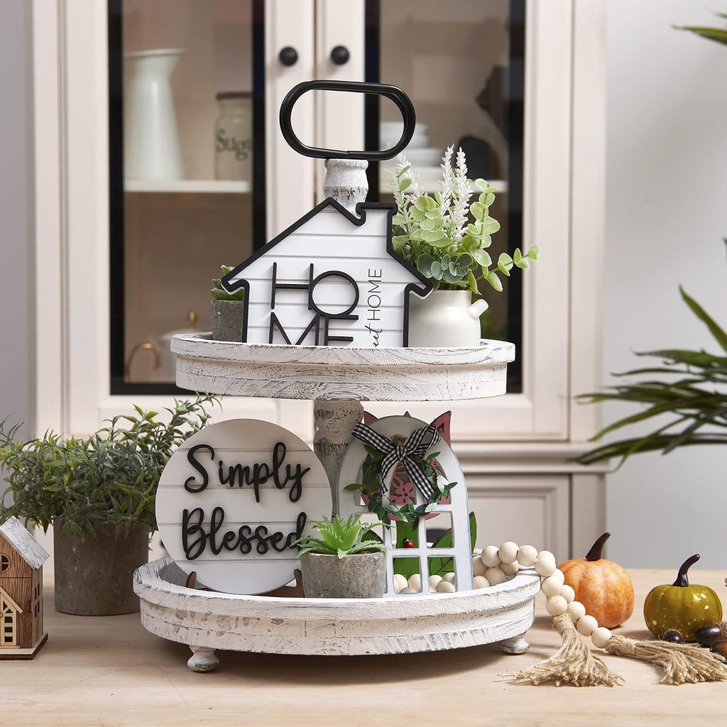 Rustic Farmhouse Tiered Tray Set with Succulent & Plant - Home Decor s (Set of 8 Without Trays)
