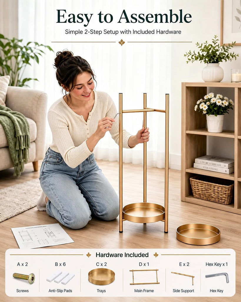 Metal Gold Tall Plant Stand Indoor or Outdoor - 30 inch 2 Tier Modern Corner Planter Shelf Rack with 2 Removable
