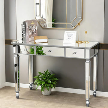 Mirrored Vanity Desk Silver Console Table Sofa Table with 3 Drawers, Modern Glass Vanity Dressing Table Makeup Stand
