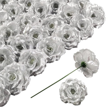 Rose Artificial Flowers, 50Pcs Silver Roses Head Flowers Bulk with Stem