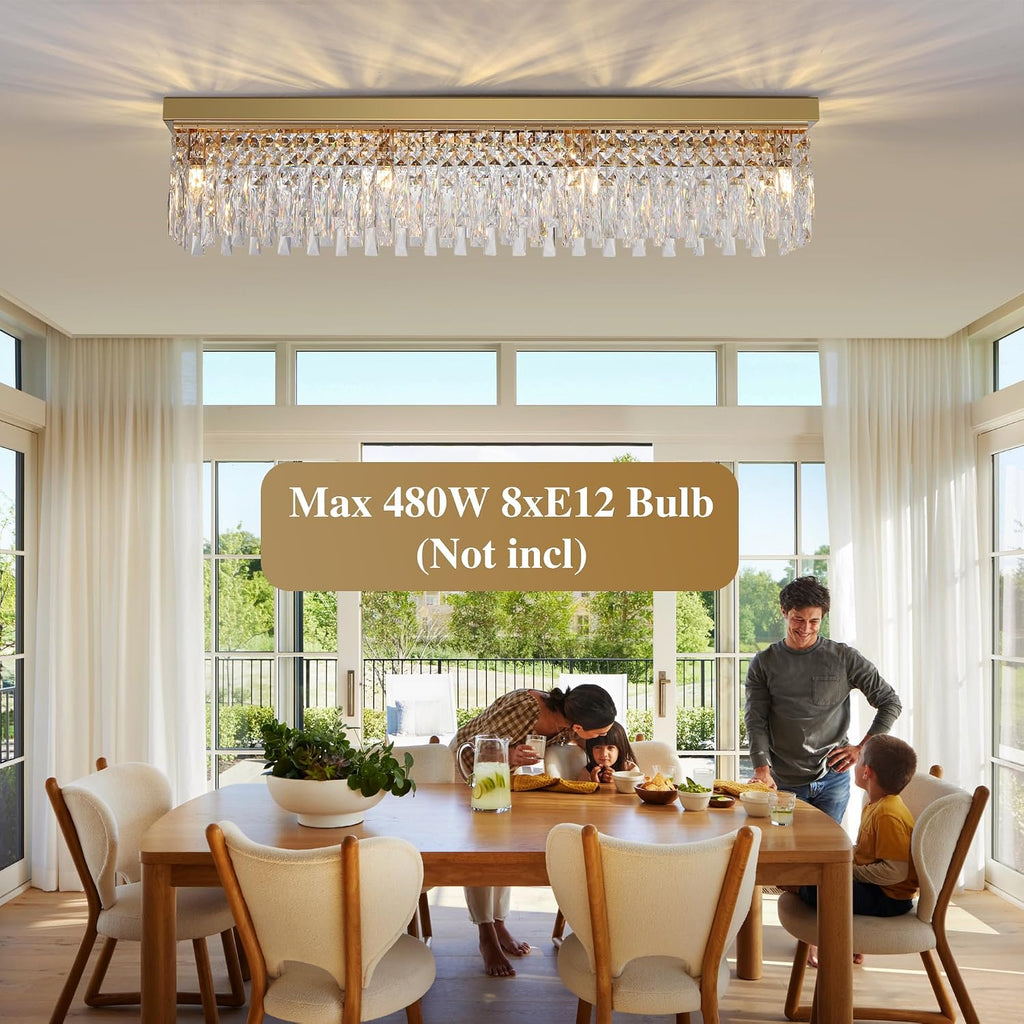 Rectangular Crystal Chandelier Flush Mount 40" Gold Ceiling Light,Large K9 Raindrop Light Fixture,8 Lights Modern