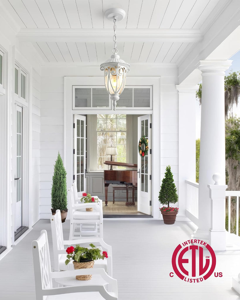 Outdoor Pendant Light Lantern, White Modern Outdoor Chandelier, Handcrafted Hanging Outdoor Lights with Seed Glass
