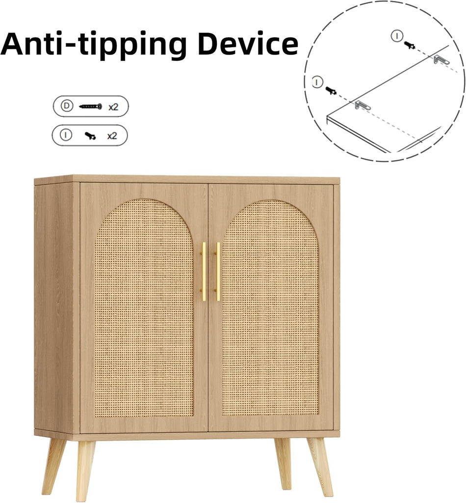 Set of 2 Rattan Storage Cabinet with 4 Doors & Solid Wood Legs | 59 Inch Sideboard with Adjustable Shelf , Floor